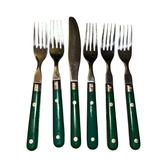 WF Washington Forge Mardi Gras Flatware Green MCM Stainless 6-Piece Fork Knife - Picture 11 of 13
